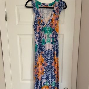 Oliphant Ruffle V-Neck Maxi-Antigua Blue sold out pattern